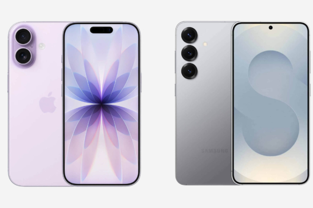 iPhone 17 in paars naast Samsung Galaxy S25 in zilver, voor- en achterkant zichtbaar, ter vergelijking
