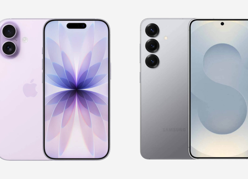 iPhone 17 in paars naast Samsung Galaxy S25 in zilver, voor- en achterkant zichtbaar, ter vergelijking