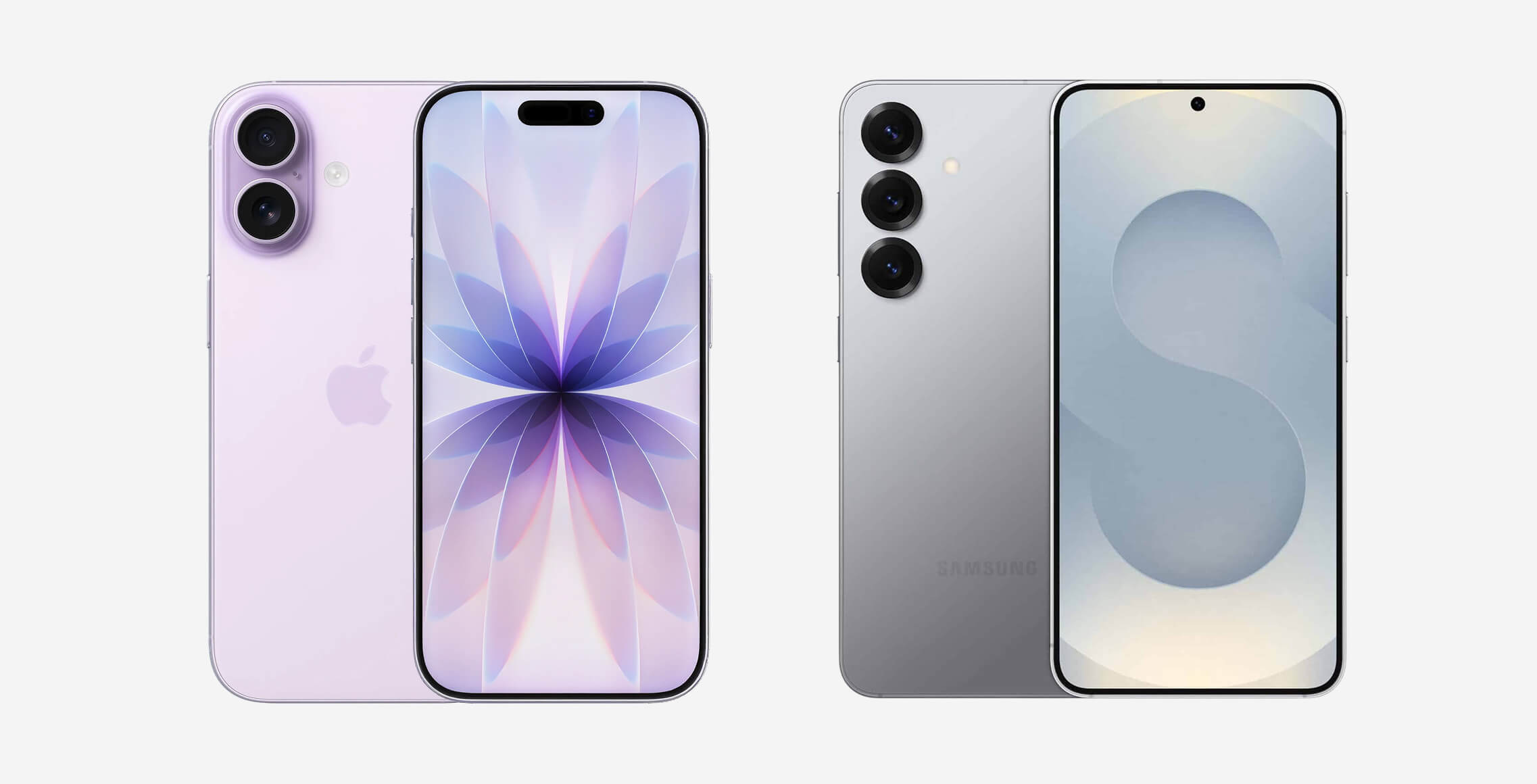 iPhone 17 in paars naast Samsung Galaxy S25 in zilver, voor- en achterkant zichtbaar, ter vergelijking