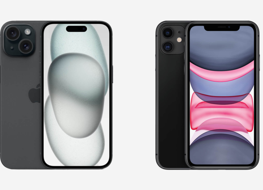 iPhone 15 en iPhone 11 naast elkaar, voor- en achterkant zichtbaar, ter vergelijking van design en cameraopstelling