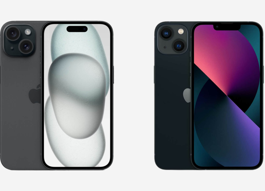 iPhone 15 en iPhone 13 naast elkaar, voor- en achterkant zichtbaar, ter vergelijking van design en cameraopstelling
