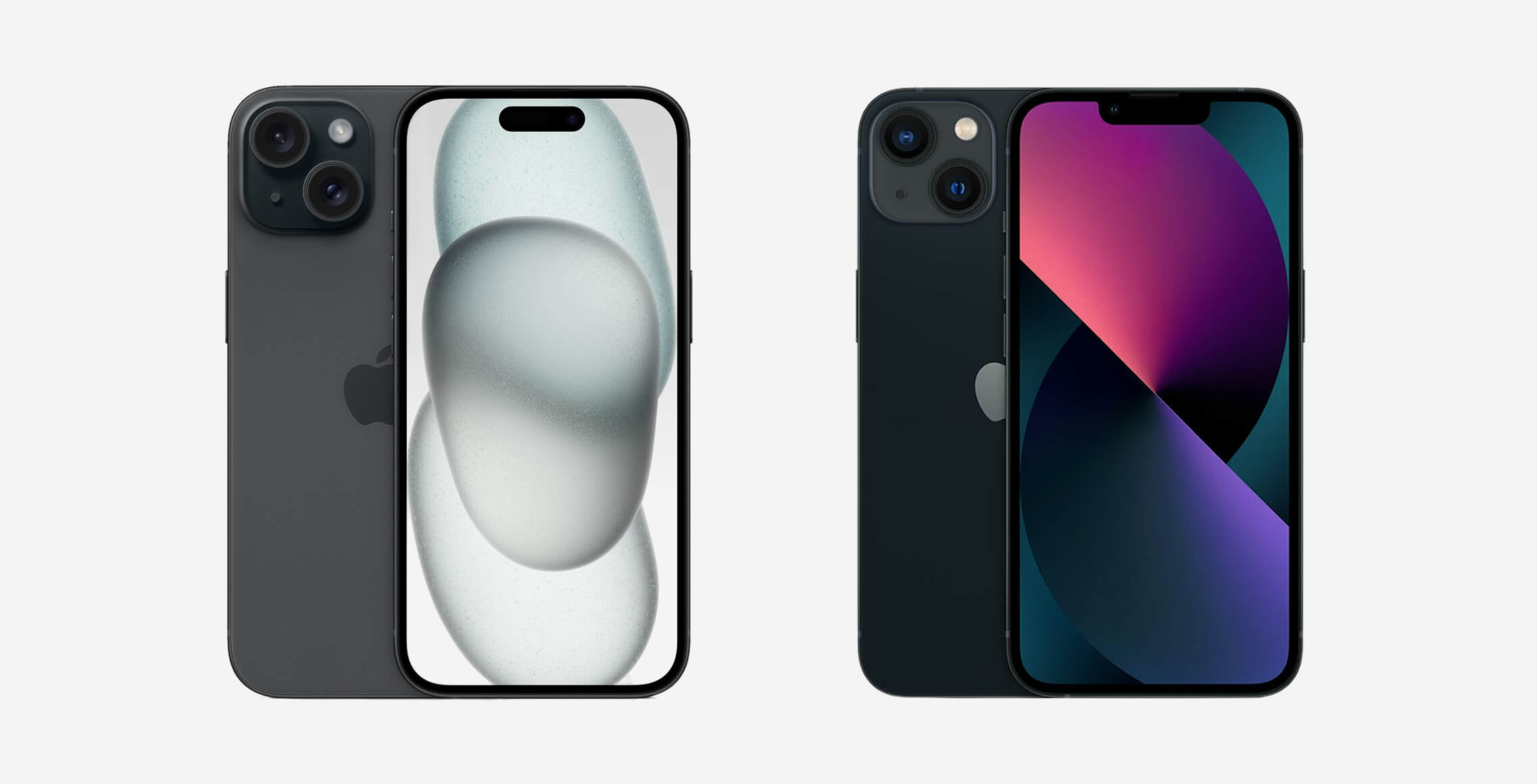 iPhone 15 en iPhone 13 naast elkaar, voor- en achterkant zichtbaar, ter vergelijking van design en cameraopstelling