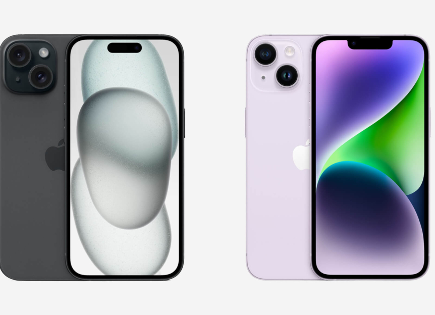 iPhone 15 in zwart naast iPhone 14 in paars, voor- en achterkant zichtbaar, ter vergelijking van beide modellen
