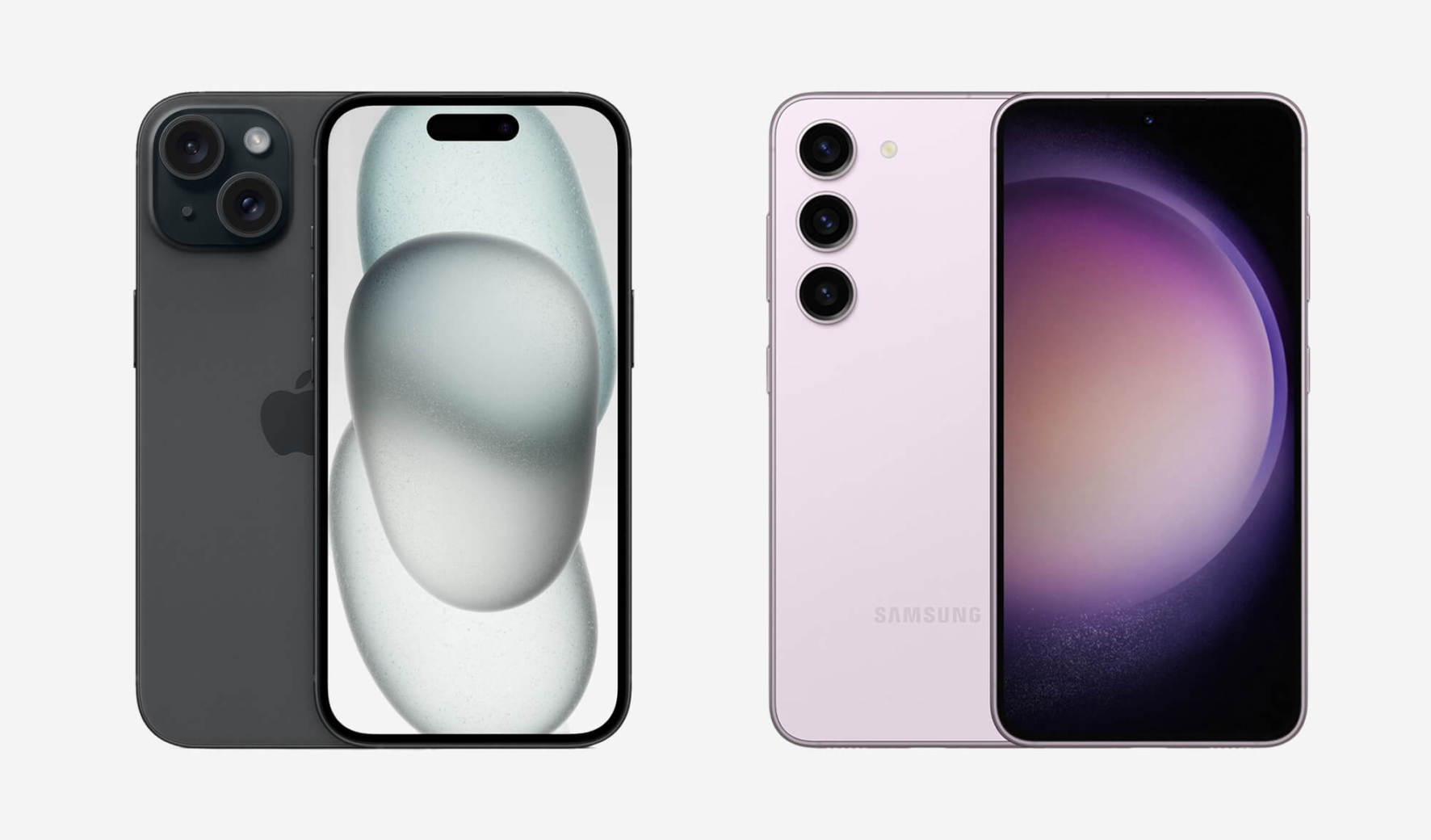 iPhone 15 in het zwart naast Samsung Galaxy S23 in lavendel, voor- en achterkant weergegeven