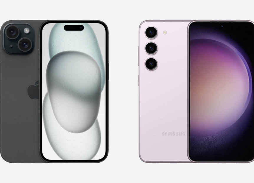 iPhone 15 in het zwart naast Samsung Galaxy S23 in lavendel, voor- en achterkant weergegeven