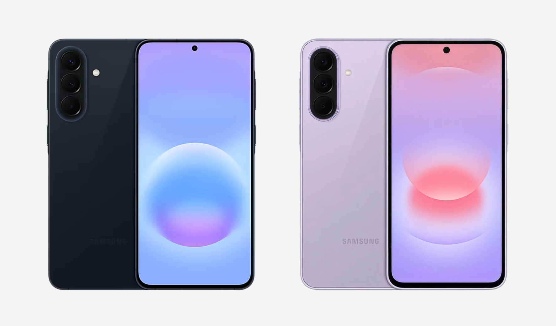 Samsung Galaxy A57 in donkerblauw en Galaxy A37 in lila, elk getoond vanuit voor- en achterkant