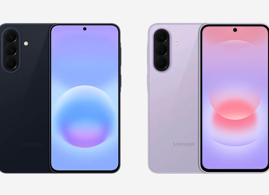 Samsung Galaxy A57 in donkerblauw en Galaxy A37 in lila, elk getoond vanuit voor- en achterkant