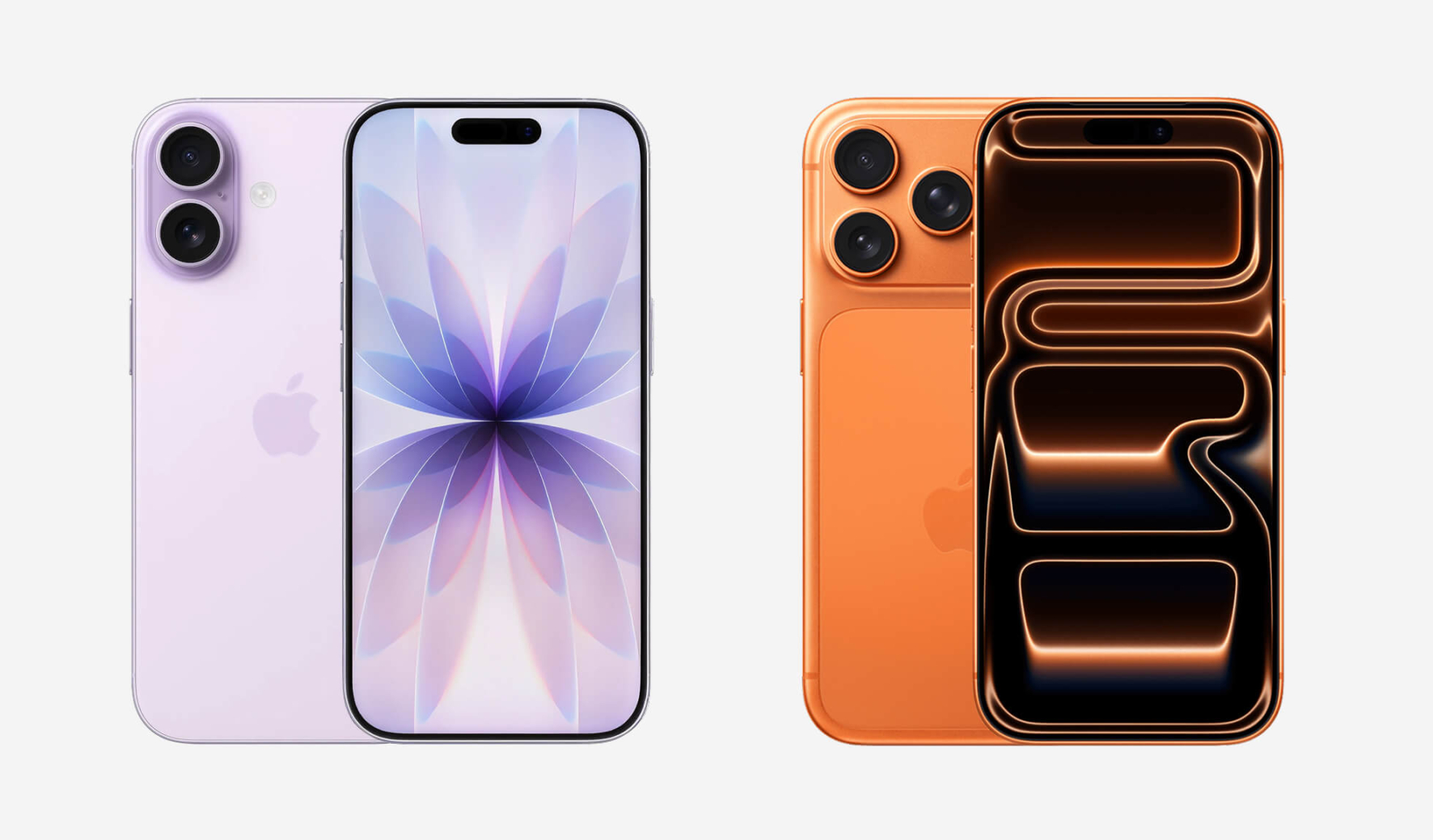 iPhone 17 in lila naast iPhone 17 Pro in oranje, voor- en achterkant getoond ter vergelijking
