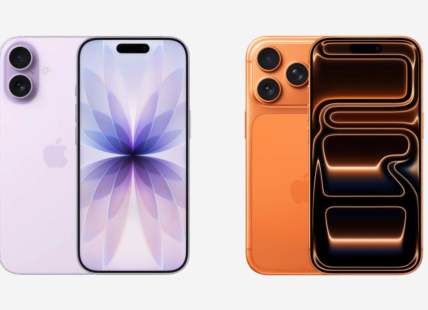 iPhone 17 in lila naast iPhone 17 Pro in oranje, voor- en achterkant getoond ter vergelijking