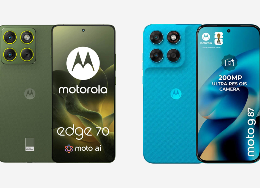 Motorola Edge 70 in donkergroen en Motorola Moto G87 in blauw, voor- en achterkant naast elkaar
