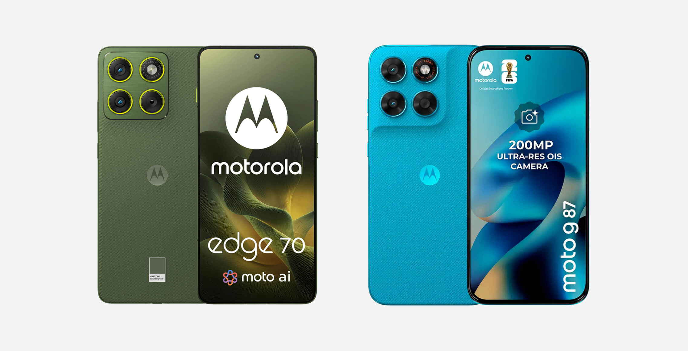 Motorola Edge 70 in donkergroen en Motorola Moto G87 in blauw, voor- en achterkant naast elkaar