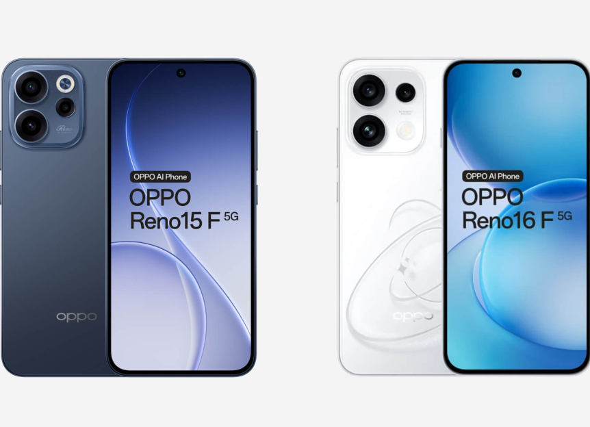 OPPO Reno15 F 5G in donkerblauw naast OPPO Reno16 F 5G in wit, voor- en achterkant zichtbaar
