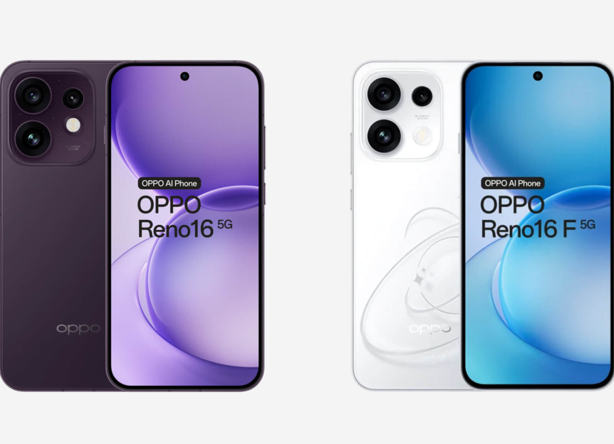 OPPO Reno16 5G in paars naast de OPPO Reno16 F 5G in wit, beide voor- en achterkant zichtbaar