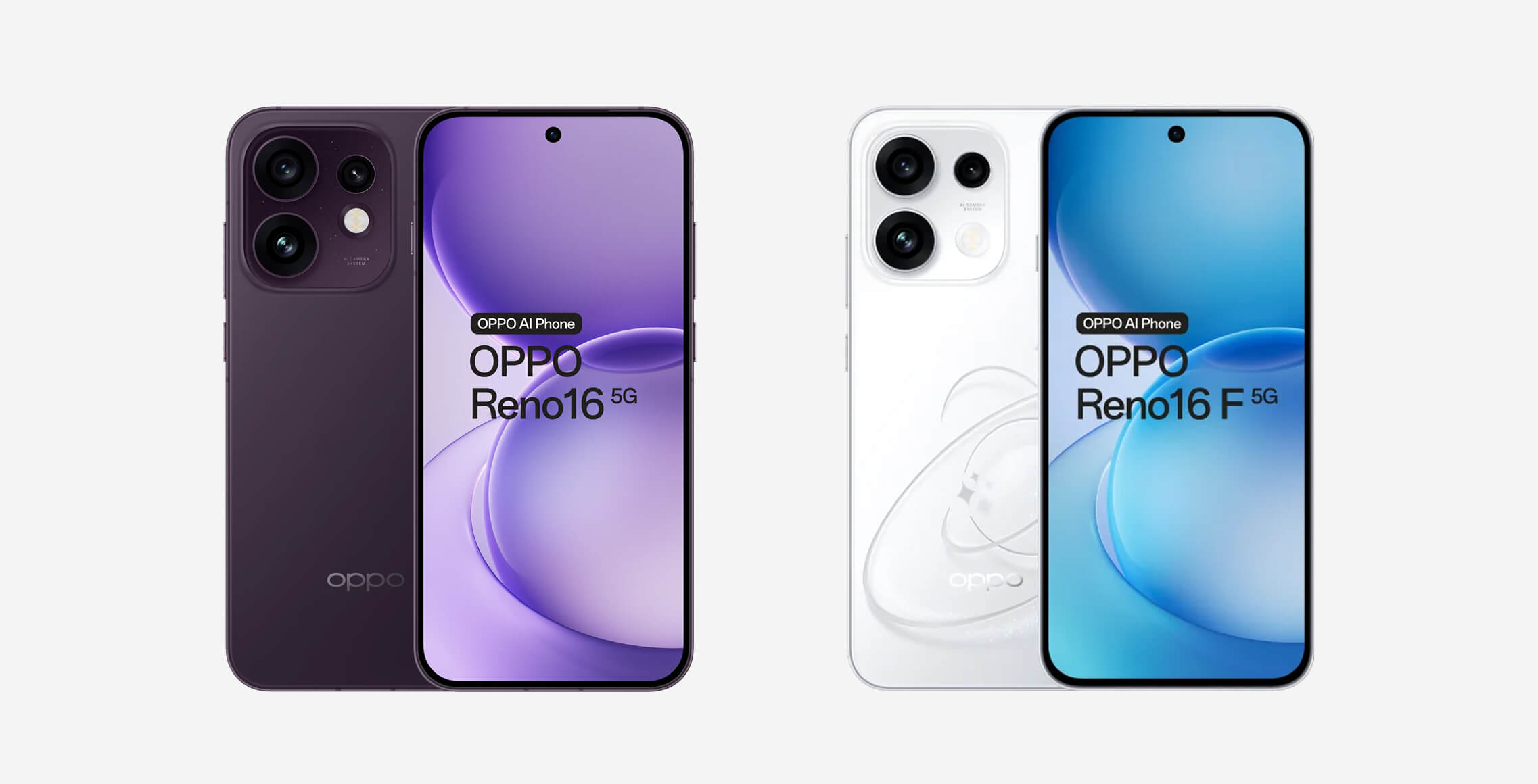 OPPO Reno16 5G in paars naast de OPPO Reno16 F 5G in wit, beide voor- en achterkant zichtbaar